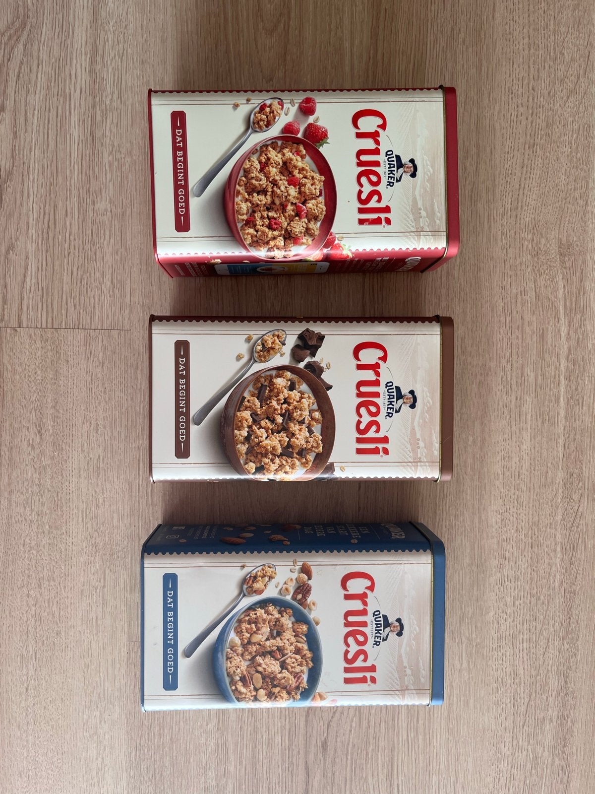 Set van 3 Quaker Cruesli opbergblikken, Minder dan 50 cm, Minder dan 50 cm, Ophalen of Verzenden, Zo goed als nieuw