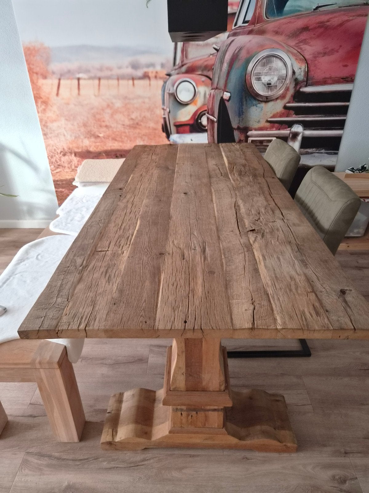 barnwood massief eikenhouten kloostertafel 100x220 cm - Land, Gebruikt, Eikenhout, 200 cm of meer, Vijf personen of meer