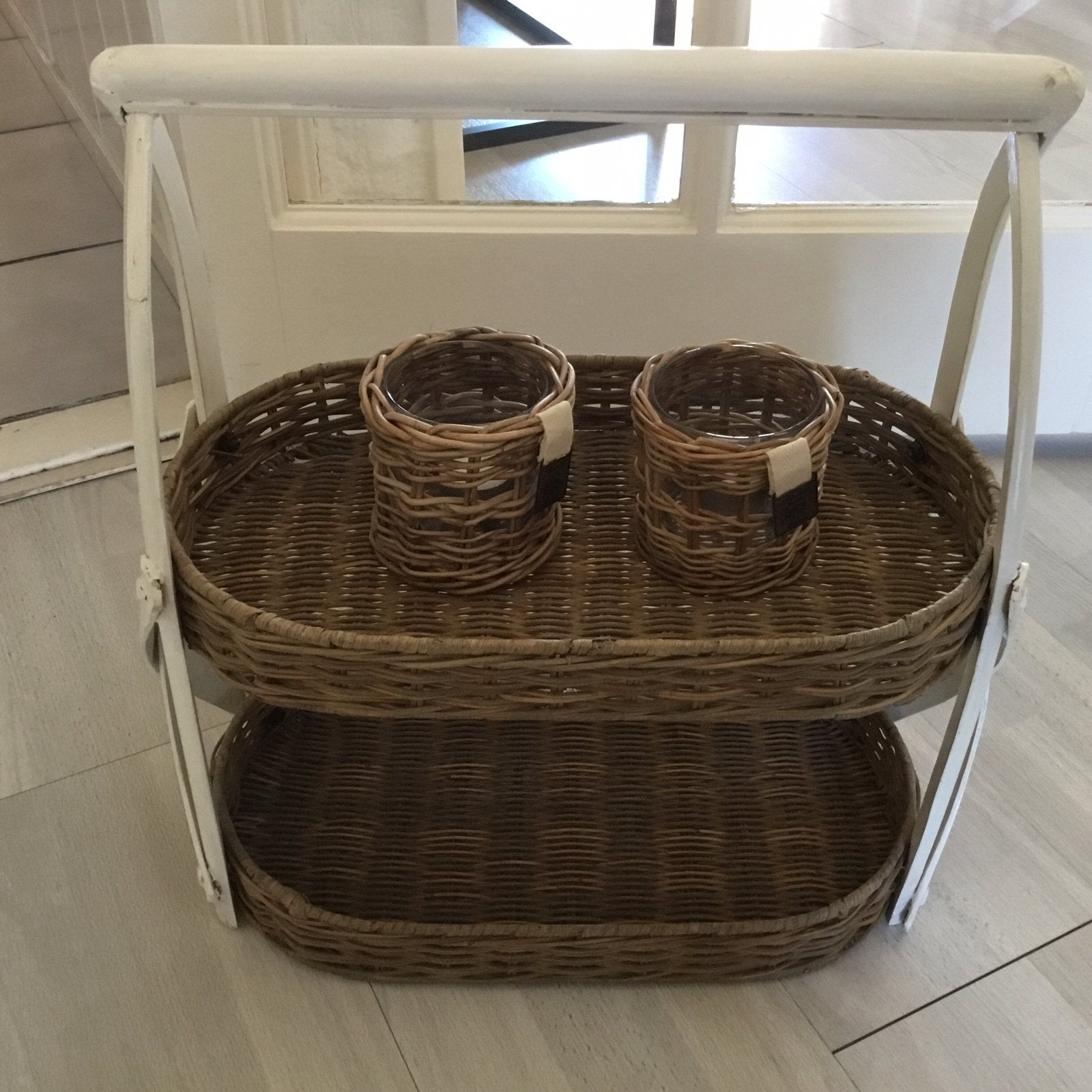 Etagere met 2 windlichten Rievera maison., Ophalen, Zo goed als nieuw, Rond, Riet