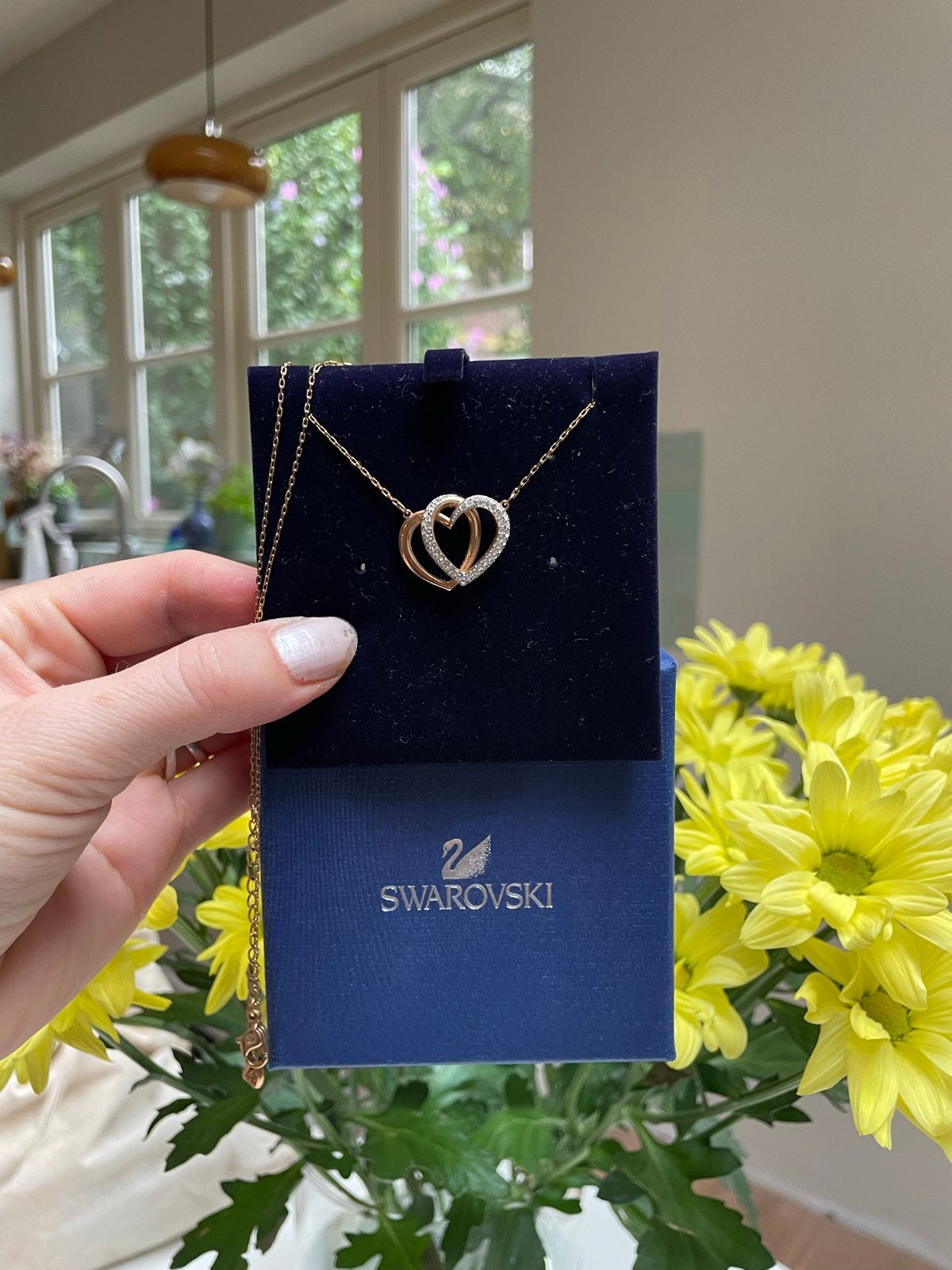 Swarovski ketting met twee hartjes, Met kristal, Overige materialen, Ophalen of Verzenden, Zo goed als nieuw