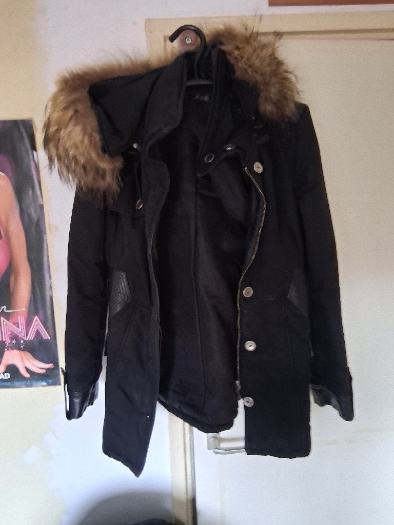 jas met bontkraag voor dames, Ophalen, Zwart, Maat 46/48 (XL) of groter, Onbekend