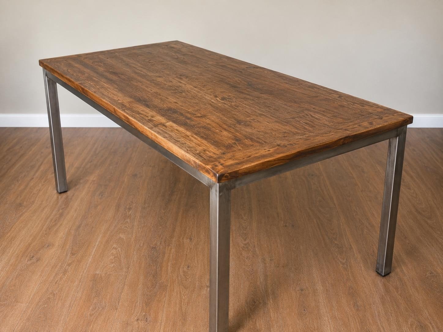 Houten eettafel met stalen frame van De Troubadour, Industrieel, robuust, 50 tot 100 cm, Zo goed als nieuw, Vijf personen of meer