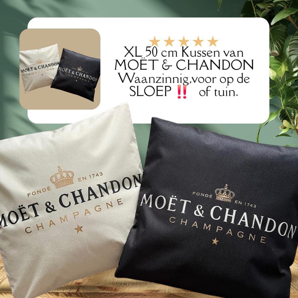 Moet&Chandon Linnen Weerszijden Print Kussen., Huis en Inrichting, Woonaccessoires | Kussens, Ophalen of Verzenden, Zwart, Vierkant