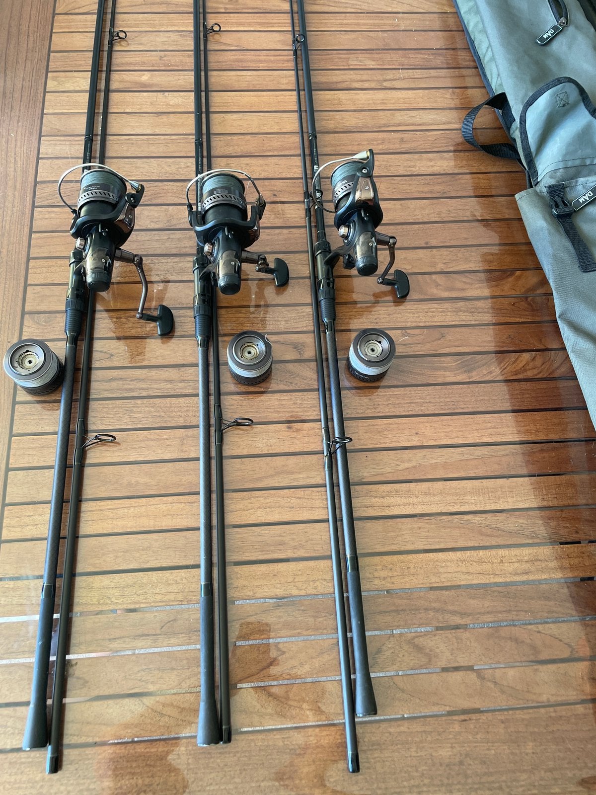 Daiwa-karperset (3 hengels en 3 molens), Watersport en Boten, Hengelsport | Karpervissen, Ophalen, Zo goed als nieuw, Werphengel