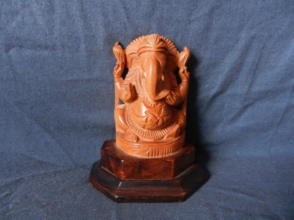 Klein houten sculptuur Zittende Ganesha Indonesie/India h 10, Minder dan 20 cm, Ophalen of Verzenden, Beeld, Hout