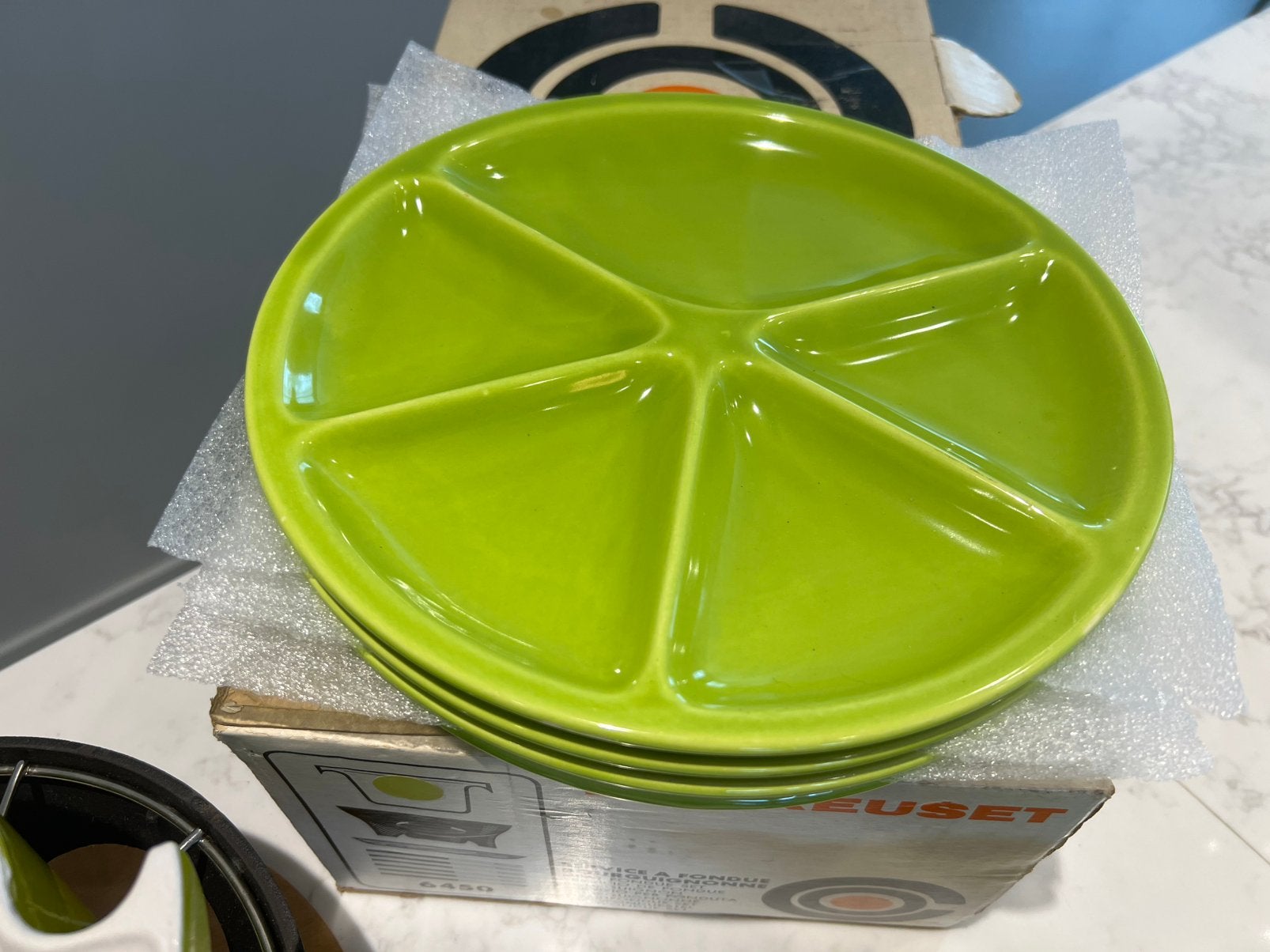 fondue Le Creuset mint groen in de doos + extra set, Gietijzer, Overige typen, Le Creuset, Ophalen of Verzenden
