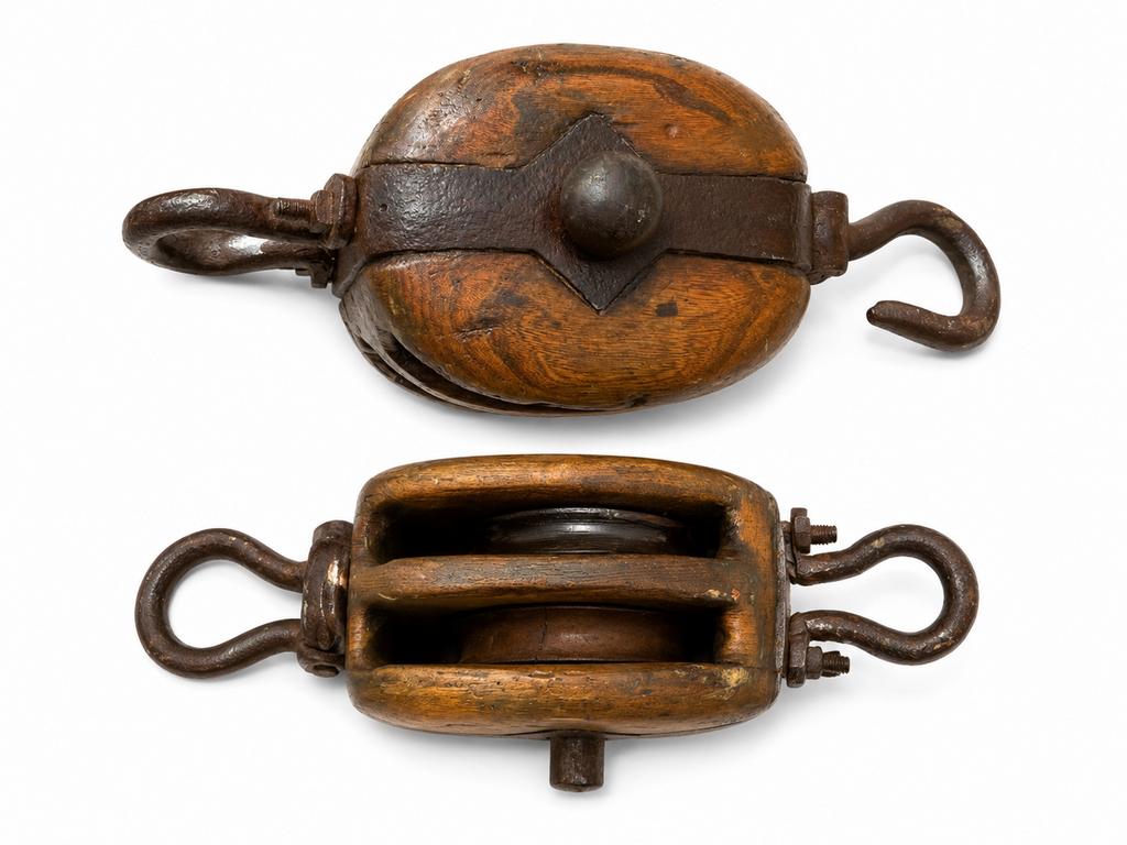 Antieke houten katrol / dubbel scheepsblok – smeedijzer, Antiek en Kunst, Ophalen of Verzenden