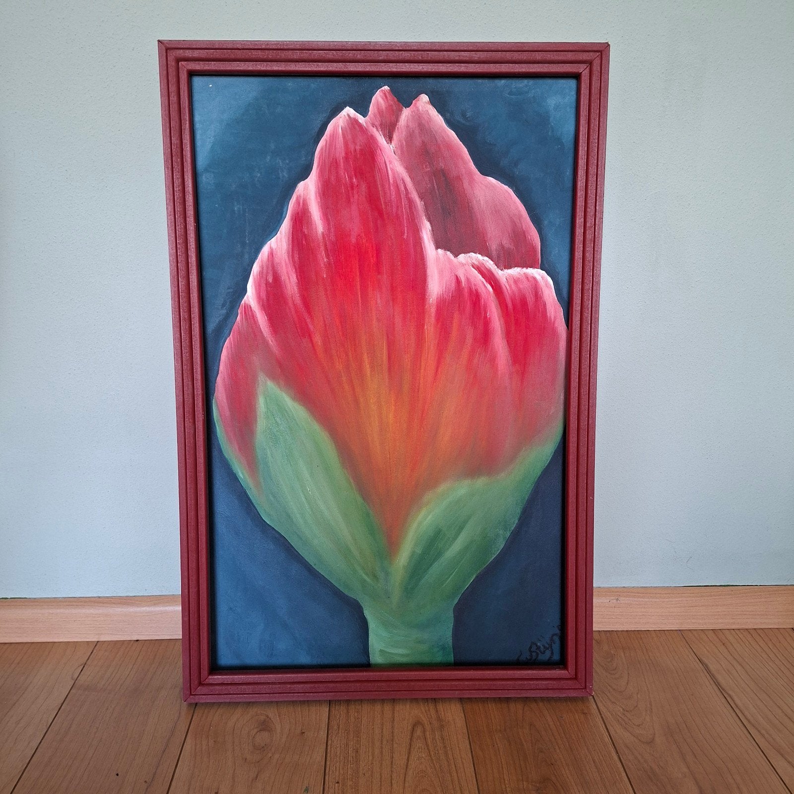 Schilderij olieverf Rode bloemknop, Ophalen of Verzenden