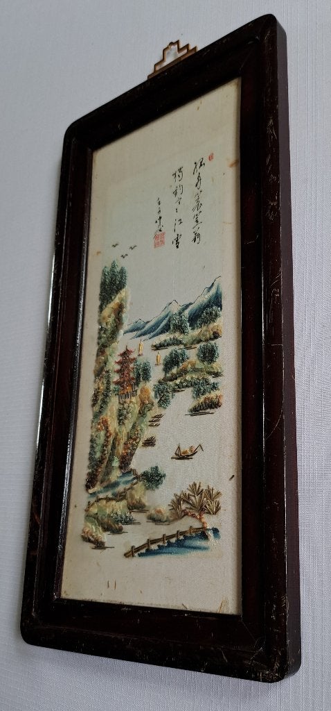 antiek chinees schelpen schilderij landschap hout frame, Verzenden
