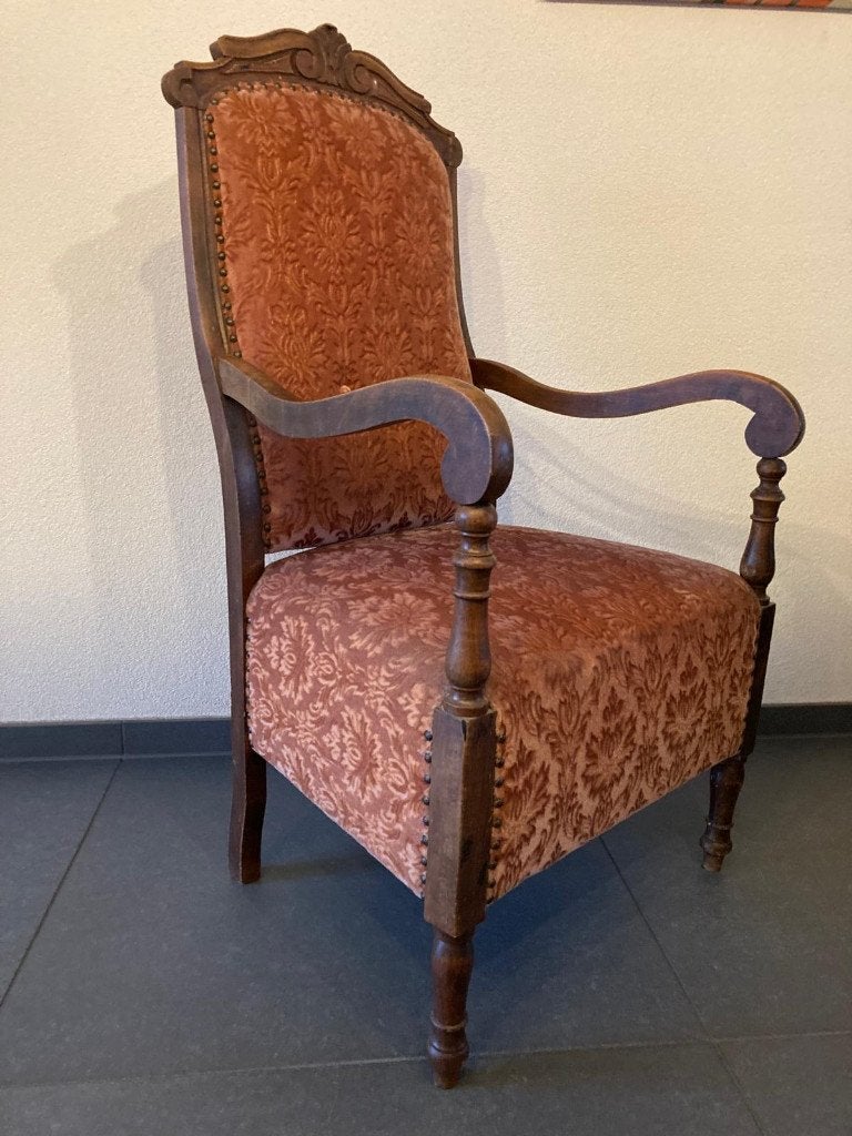 Oude Antieke Po Kamerstoel rug- en armleuning, Ophalen, Hout, Gebruikt, Bruin