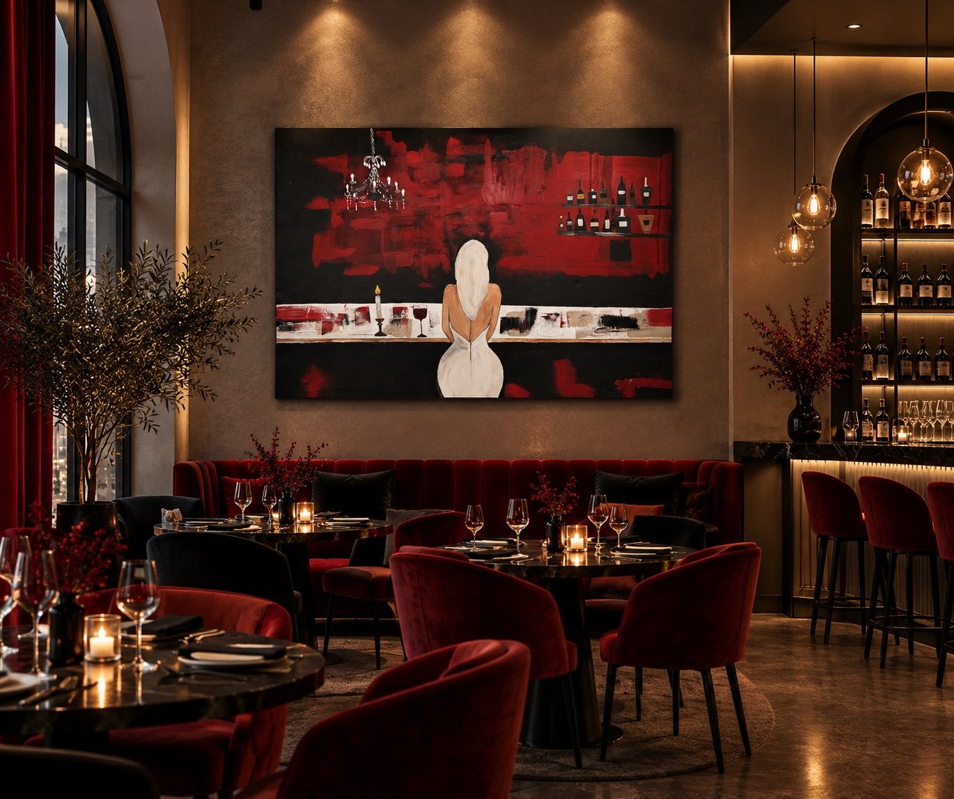 Modern schilderij “Lady in bar”, Antiek en Kunst, Handgeschilderd, Ophalen of Verzenden, Textiel, Figuren