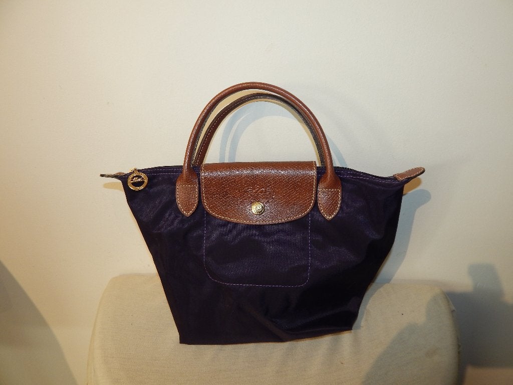Longchamp aubergine paarse handtas met  buin leer, Verzenden, Zo goed als nieuw, Paars, Handtas