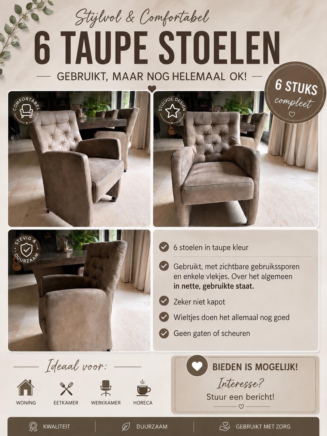6 Luxe Taupe Eetkamerstoelen met Armleuningen – Op Wieltjes, Ophalen, Gebruikt, Overige kleuren, Stof