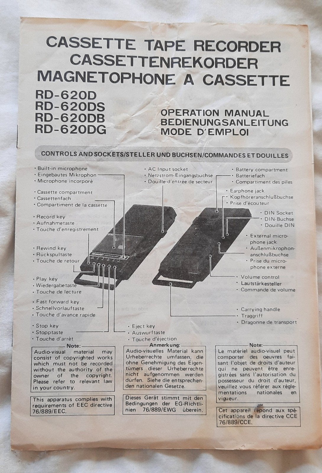 Sharp - RD-620D cassetterecorder handleiding, Audio, Tv en Foto, Cassettedecks, Ophalen of Verzenden, Overige merken