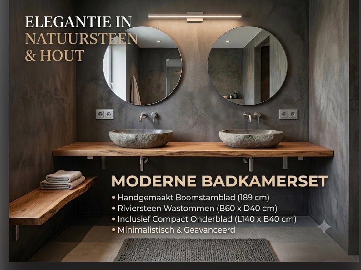 Moderne badkamerset met riviersteen waskommen, Ophalen, 150 tot 200 cm, Nieuw, Minder dan 100 cm