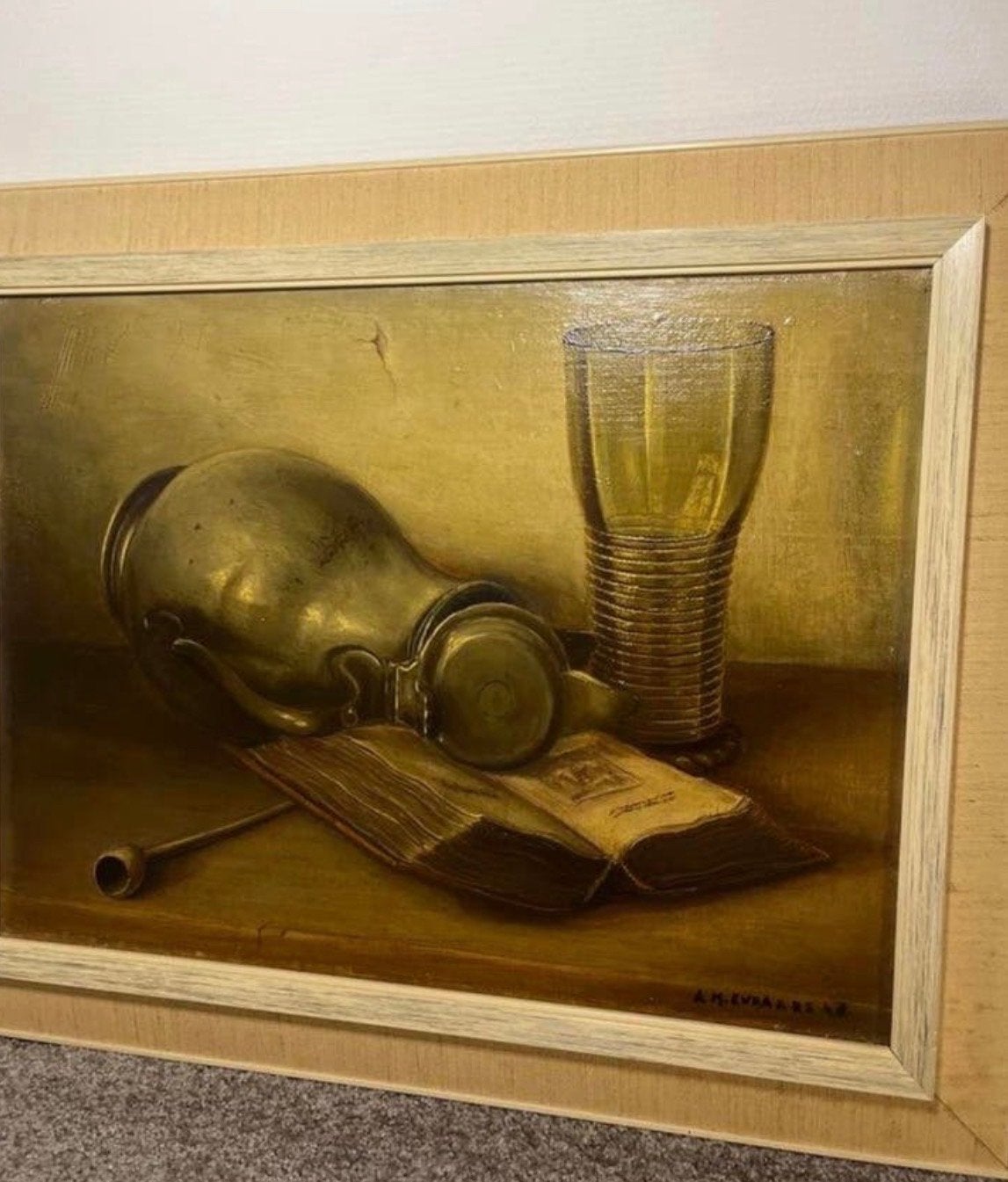 Stilleven schilderij A.M. Evraars 1948 - Kan, glas, boek, pi, Ophalen, Klassiek, Gedateerd, Stilleven