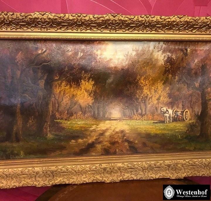 Groot schilderij landschap paard kar in de herfst olieverf, Ophalen