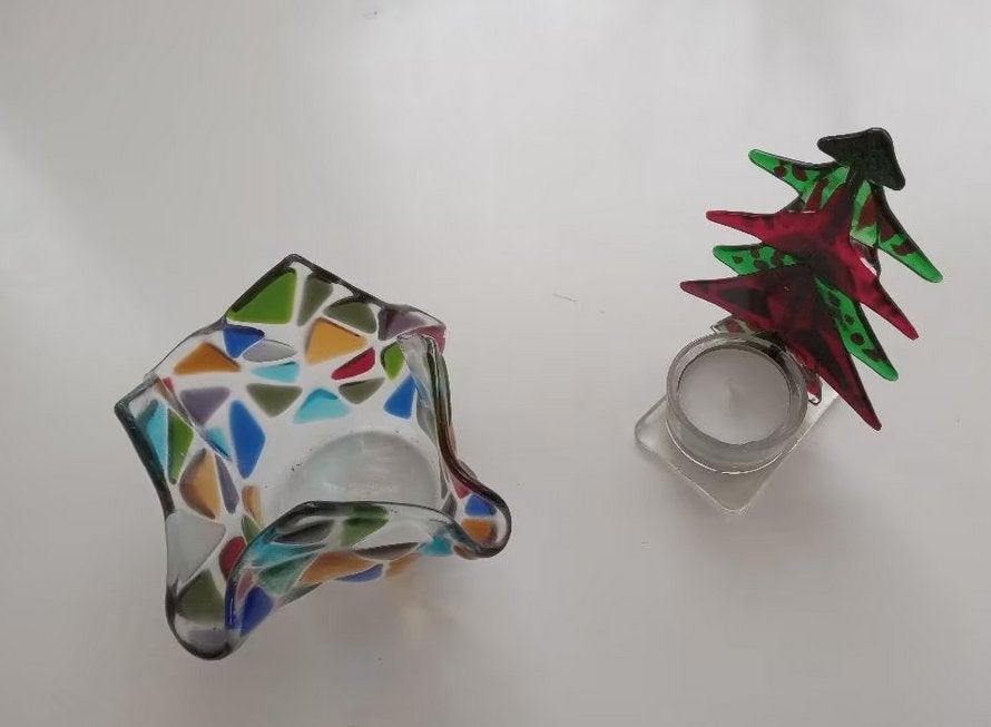 Waxinelicht houders van bont glas, kerstboom en vaasje, Oosterveldweg 15, 7274 DZ, Verzenden, Waxinelichthouder, Nieuw