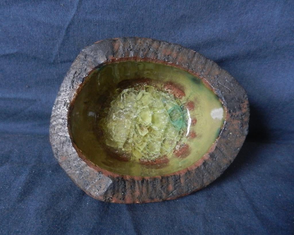 Ovale asbak groengeel craquele glazuur Groeneveldt b. 11 cm, Ophalen of Verzenden