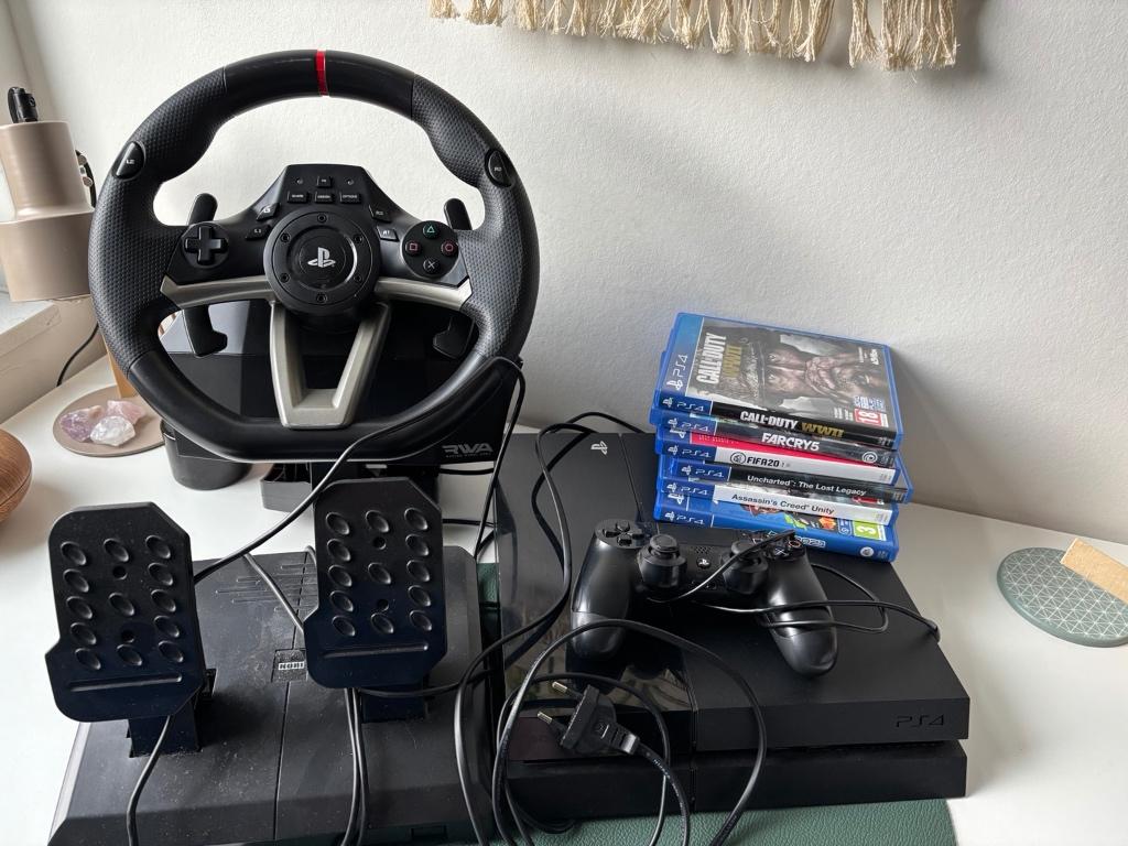 PlayStation 4 + racestuur + 6 games – complete set, Spelcomputers en Games, Games | Sony PlayStation 4, Gebruikt, 1 speler, Racen en Vliegen