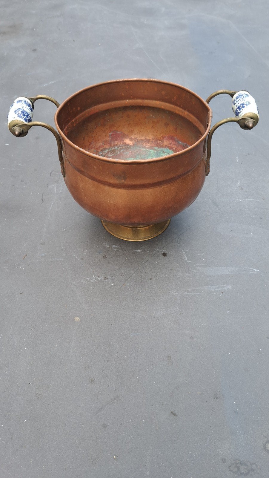 Antieke Koperen Pot met Delfts Blauwe Handvatten, Ophalen, Koper