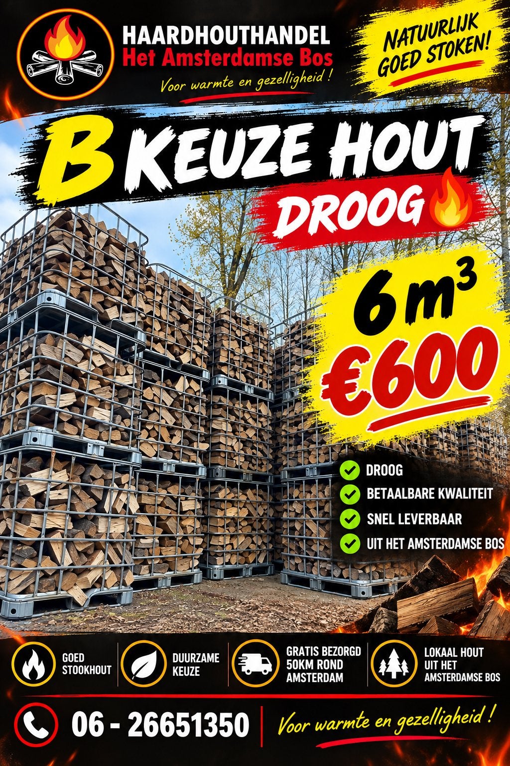 B kwaliteit haardhout 6 m3 €600 OP=OP GRATIS BEZORGD>50km, Tuin en Terras, 6 m³ of meer, Ophalen of Verzenden, Blokken