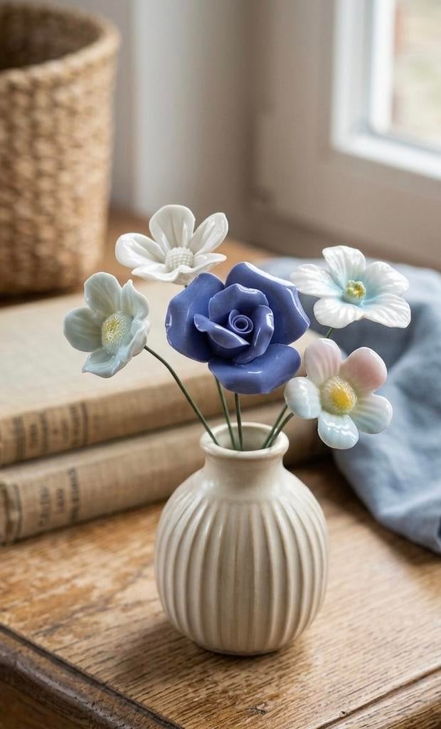 NIEUW !! Superleuk boeketje keramieken bloemen 5 stuks, Steen/keramiek, Ophalen of Verzenden, Nieuw, Kunstbloem