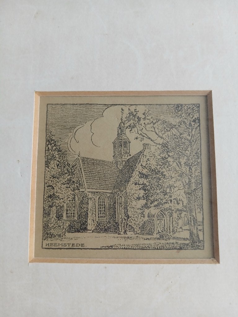 Gravure oude kerk Heemstede, Antiek en Kunst, Kunst | Etsen en Gravures, Gravure, 1900 - 1949, 17 cm, Religie