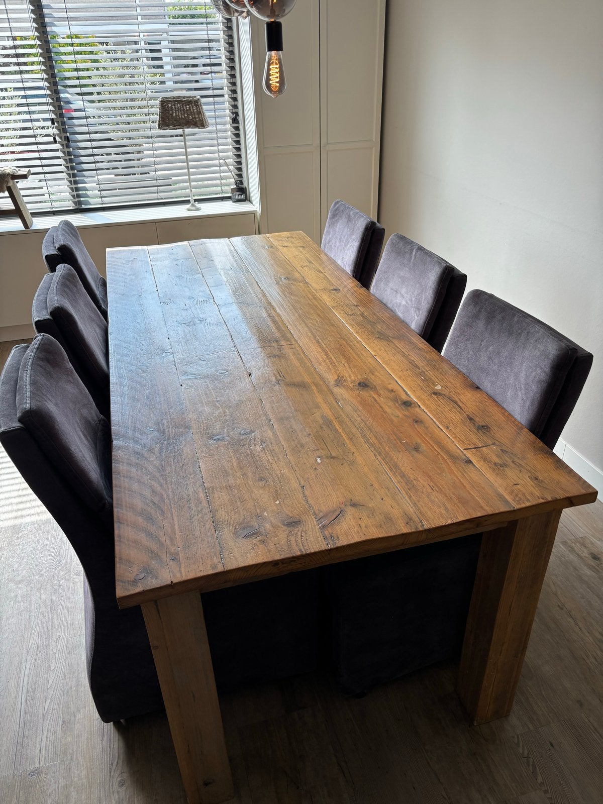 Eettafel 220x95 cm met 6 stoelen en sidetable 120x38 cm, Ophalen, Gebruikt, 200 cm of meer, 50 tot 100 cm