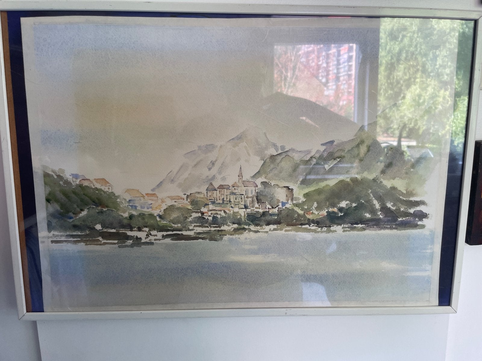 Schilderij: Dorpsgezicht aan het water, aquarel, Realistisch, Ophalen of Verzenden, Aquarel, Ingelijst