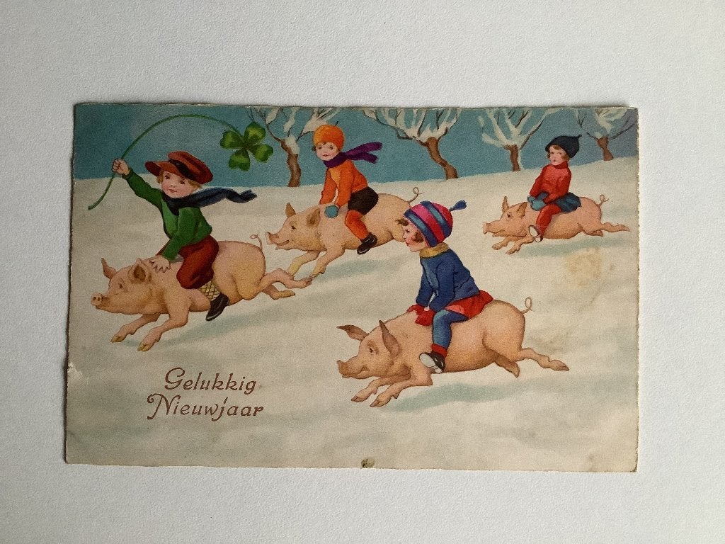 leuke oude ansichtkaart Nieuwjaar kinderen en varkentjes, Ophalen of Verzenden, Voor 1920, Gelopen, Feest(dag)