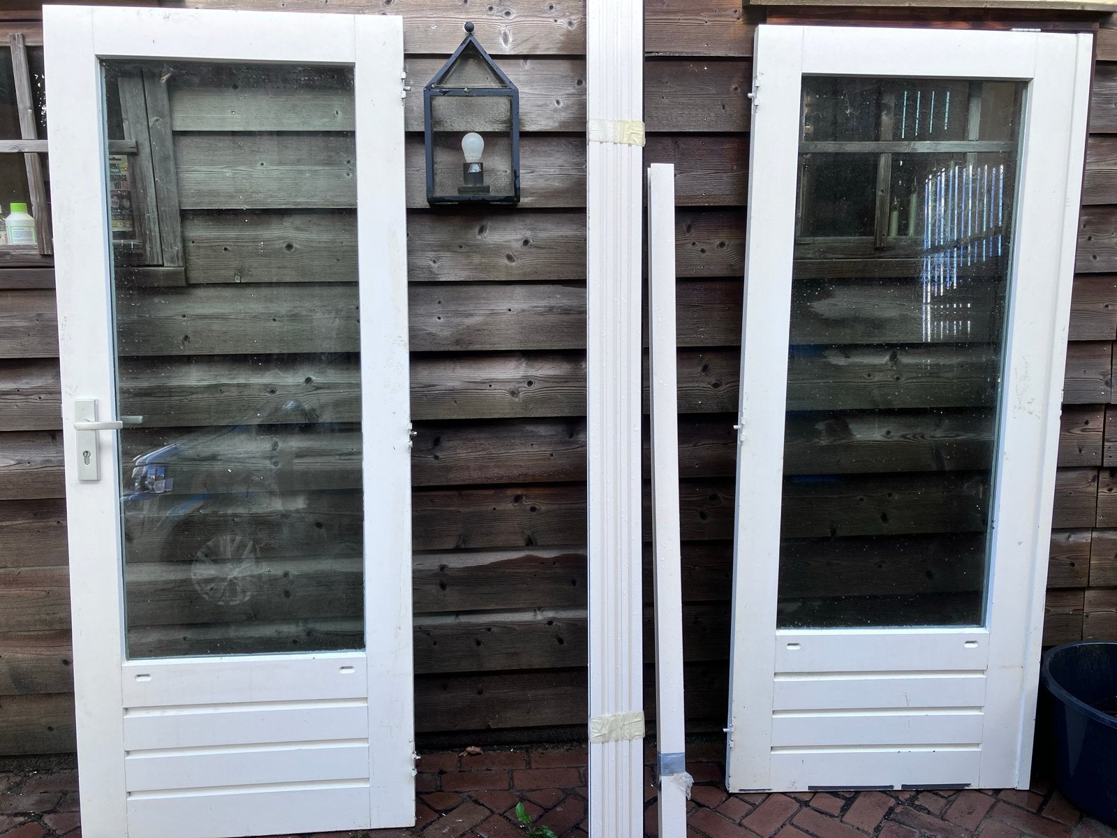 Hardhouten tuindeuren met thermopane beglazing en hor, Doe-het-zelf en Verbouw, Ophalen, Gebruikt, 80 tot 100 cm, Buitendeur