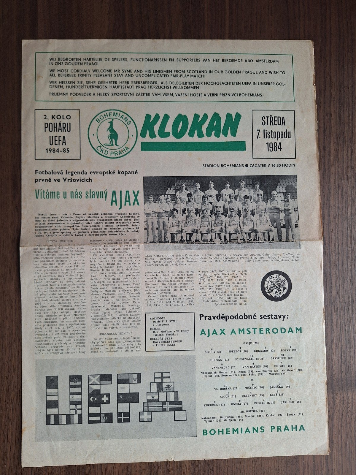 Progr.Bohemians-Ajax UEFA Cup 1984-85 oa. Marco v. Basten, Verzamelen, Ophalen of Verzenden, Zo goed als nieuw, Ajax, Boek of Tijdschrift