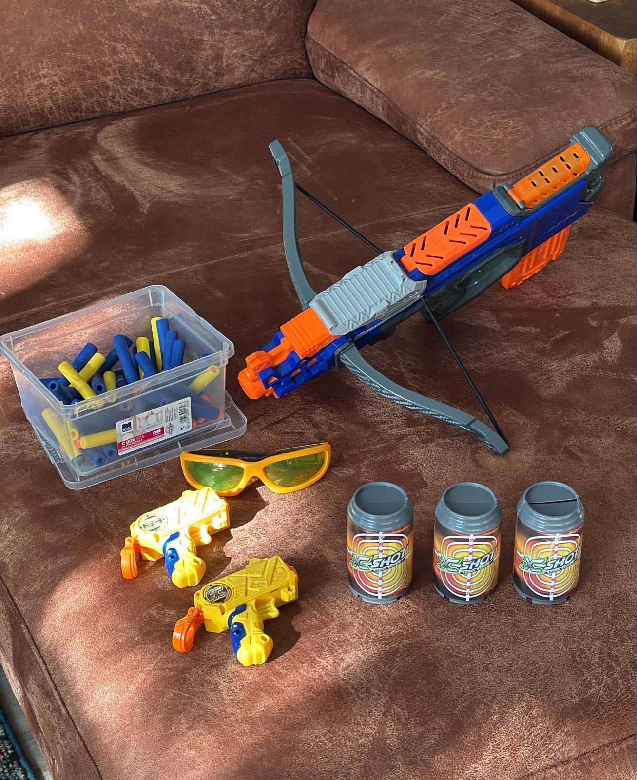 Nerf set: kruisboog, pistolen, pijlen en doelen, Kinderen en Baby's, Ophalen, Zo goed als nieuw, Jongen of Meisje