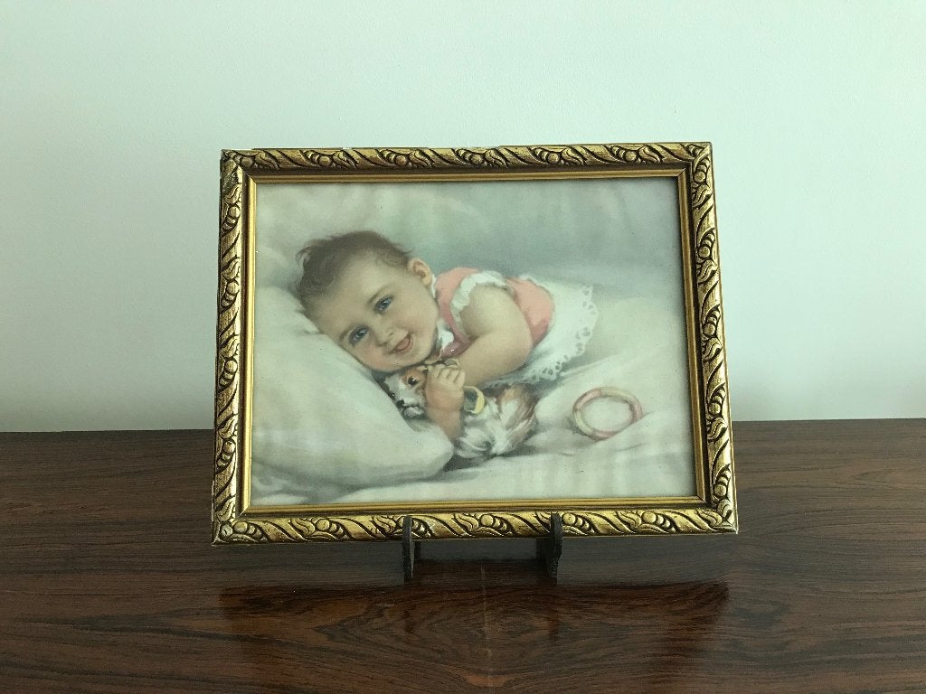 Oude lijst kader goudkleurig baby nostalgie achter glas, Antiek en Kunst, Ophalen of Verzenden
