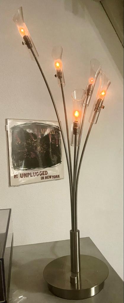Sfeervolle Design Tafellamp RVS met Dimmer, 5-armig Kelklamp, Ophalen of Verzenden, Gebruikt, Metaal, 50 tot 75 cm