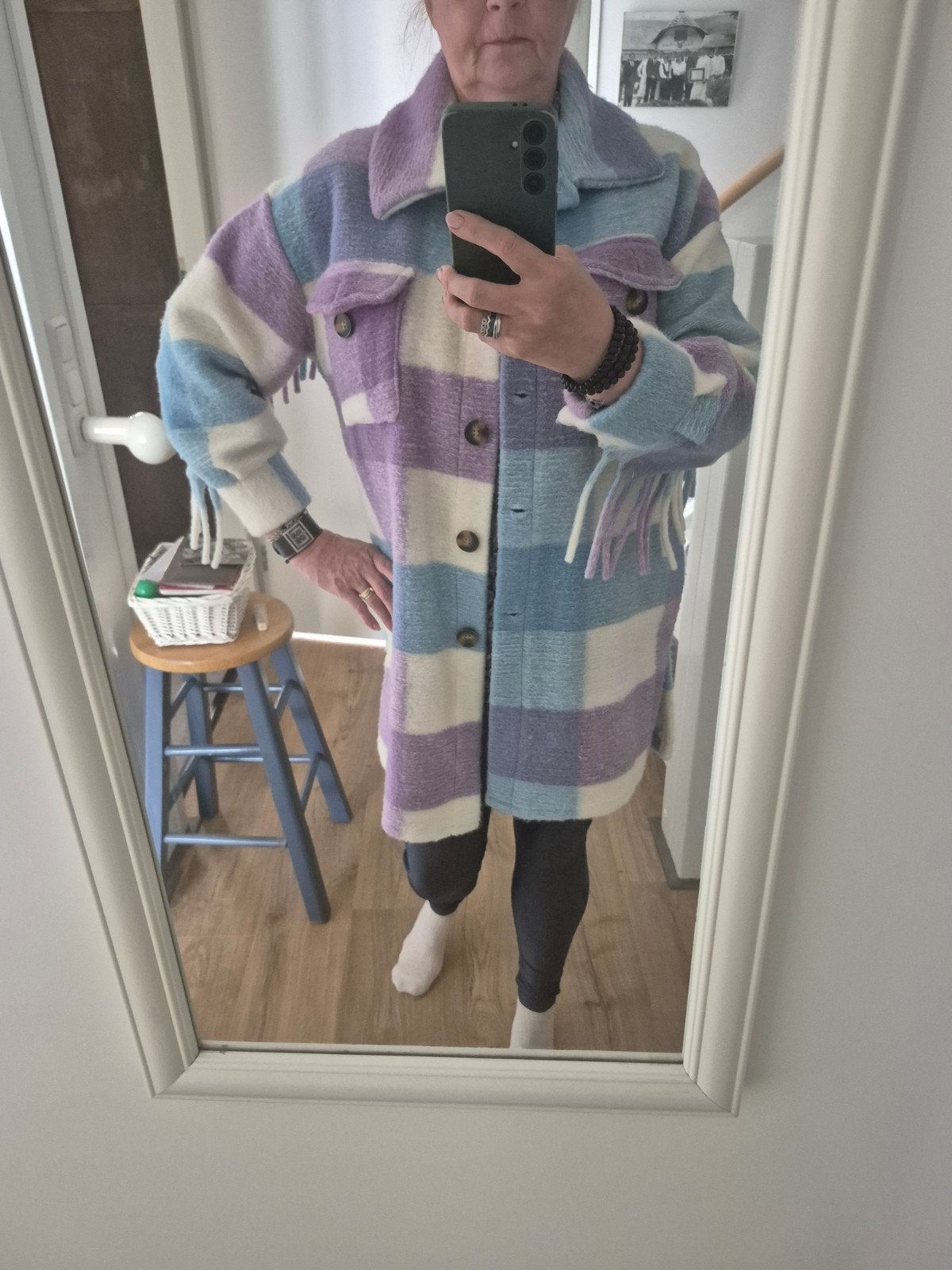 Geruite jas met franjes - Blauw, paars, wit, Blauw, Maat 42/44 (L), Ophalen of Verzenden, Onbekend