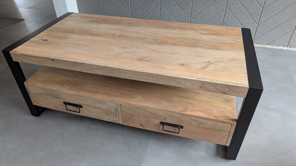 Salontafel Mangohout met lades, Huis en Inrichting, Ophalen, 100 tot 150 cm, 50 tot 100 cm, Zo goed als nieuw