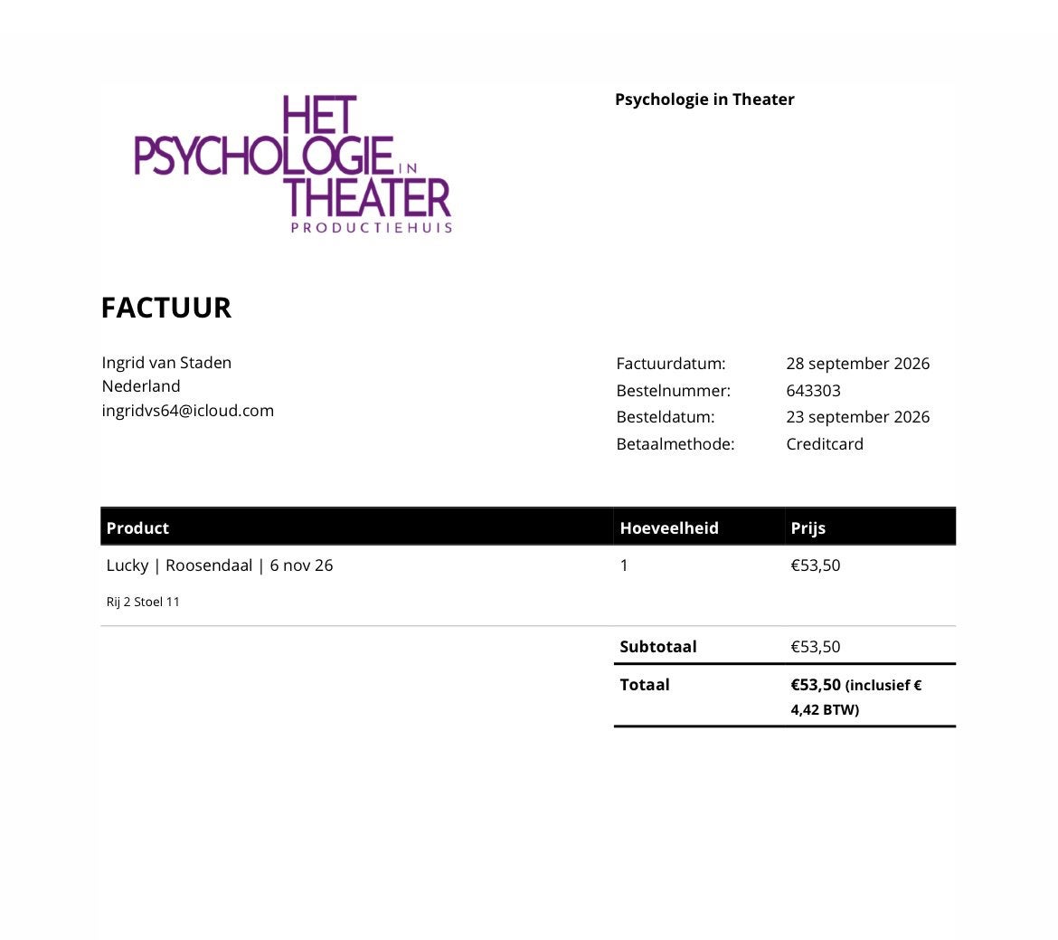 Ticket Psychologie in het theater op 6/11 a.s. Roosendaal., Eén persoon, November