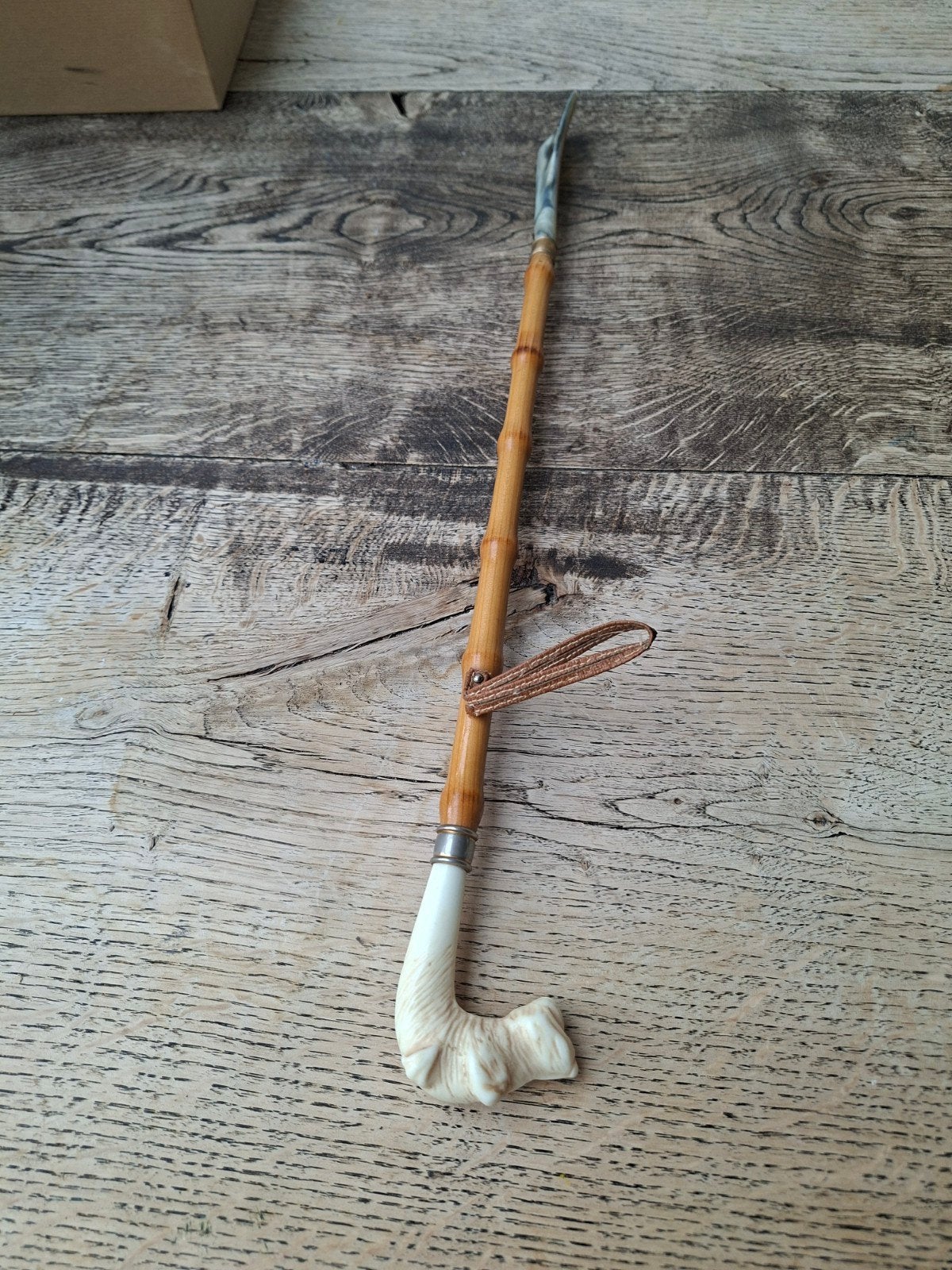 Vintage Schoenlepel met Bamboe Handvat en Hondenkop, Ophalen, Bruin, Overige typen, Onbekend
