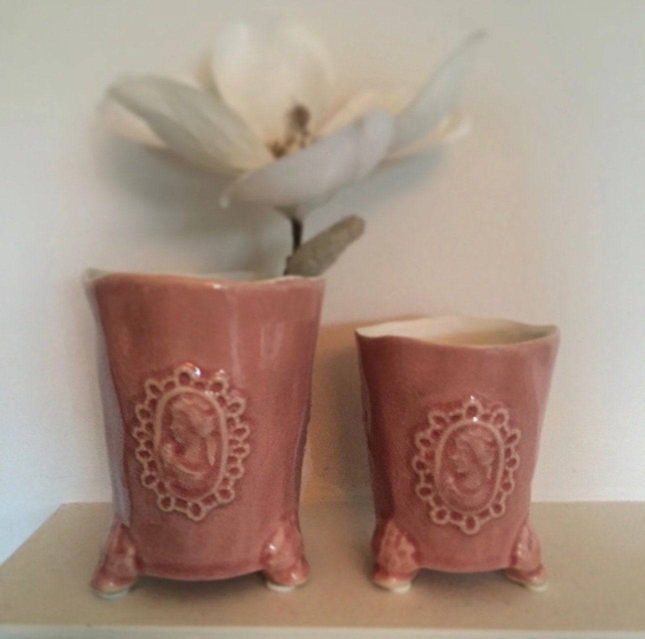 Set van 2 roze Des Pots vintage-stijl bloempotten met camee, Ophalen of Verzenden