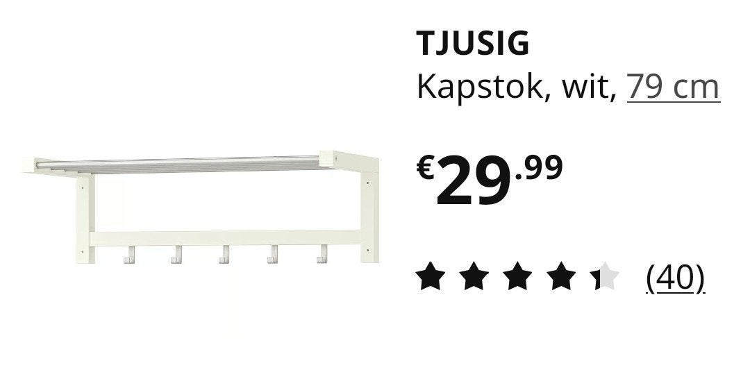 Ikea TJUSIG kapstok, wit, met hoedenrek, zgan, Zo goed als nieuw, Minder dan 100 cm, Hout, Ophalen