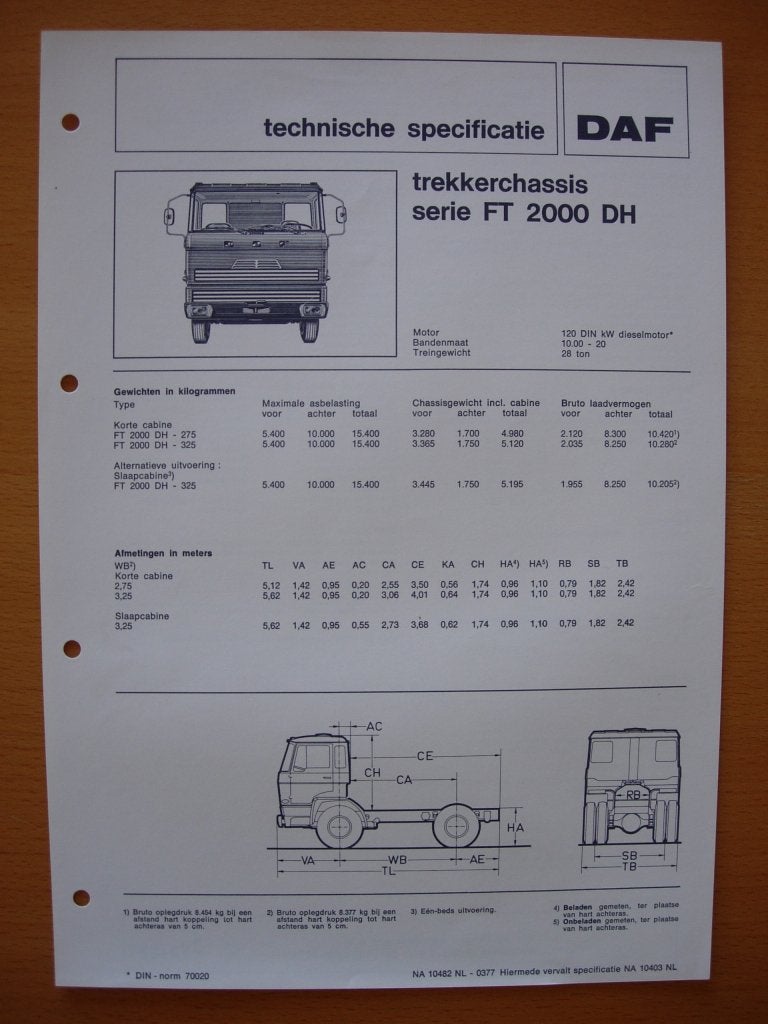 DAF FT 2000 DH Technische Specificatie folder 1977 - 4x2, Ophalen of Verzenden, Zo goed als nieuw, Overige merken, DAF
