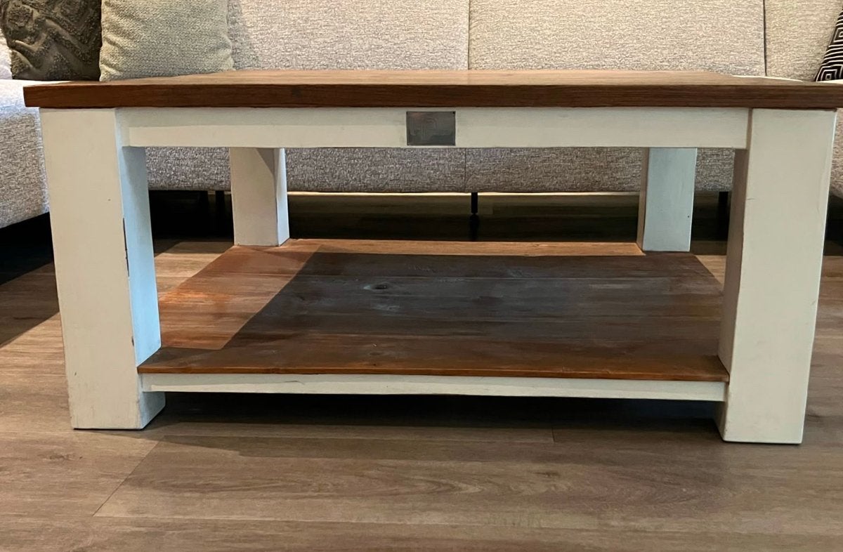 Salontafel - Robuust houten blad, wit onderstel, Ophalen, Gebruikt, 100 tot 150 cm, Vierkant