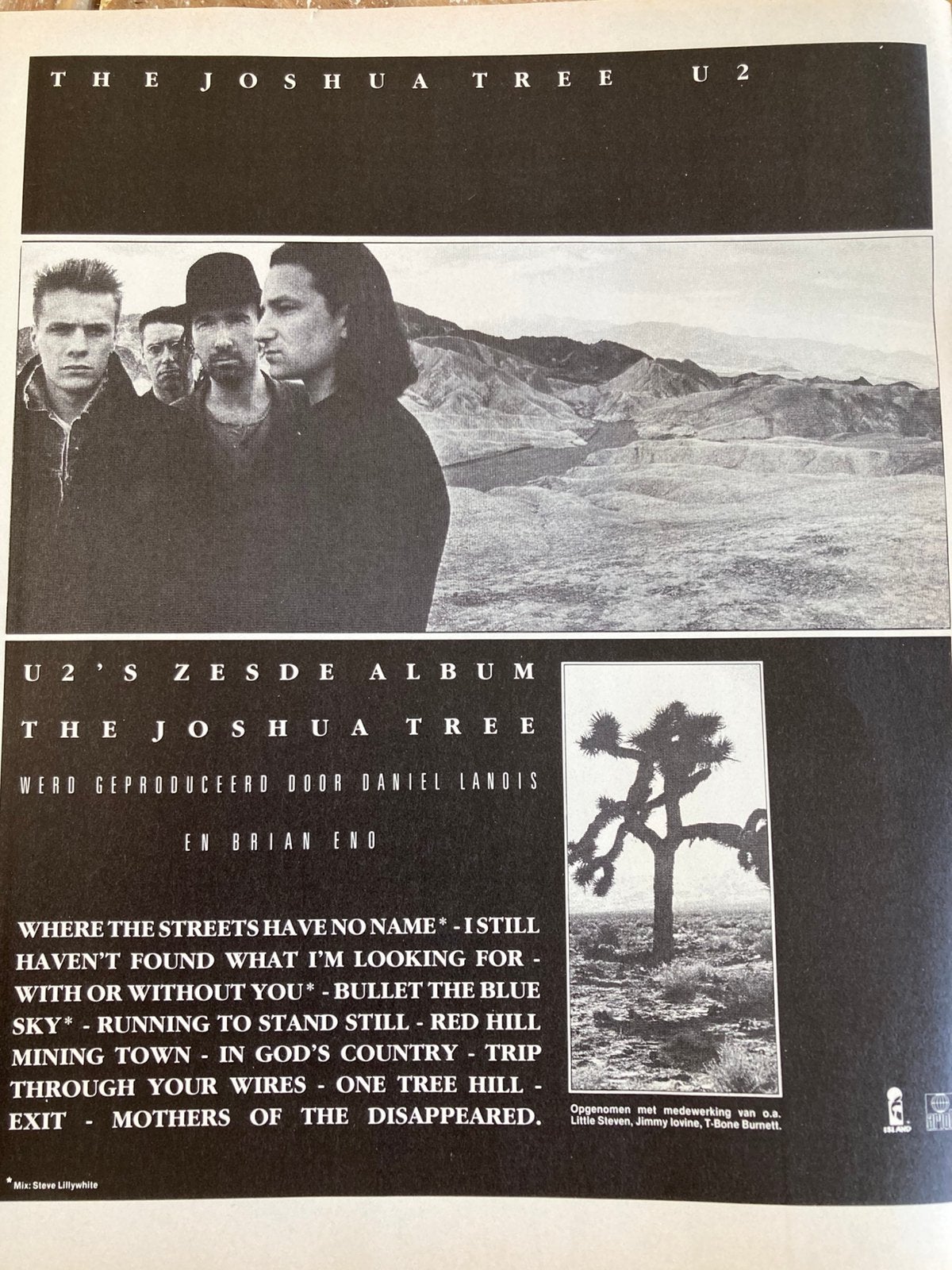 Paginagrote A4 advertentie U2 The Joshua Tree release, Ophalen of Verzenden, Zo goed als nieuw