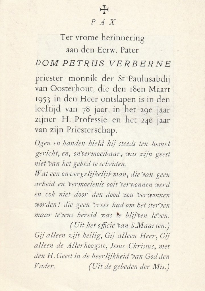 dom petrus verberne-paulusabdij oosterhout 1953-2 pr. aanw., Ophalen of Verzenden, Bidprentje