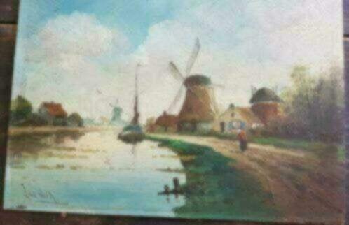 Schilderij 2 Jan v d Ven molen boot hol.landschap mei 1924, Ophalen