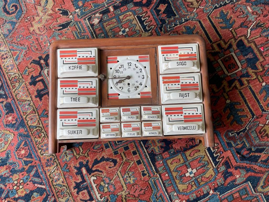 Keuken kastje met voorraadpotjes en klok, Huis en Inrichting, Ophalen, Hout, Bruin, Overige typen