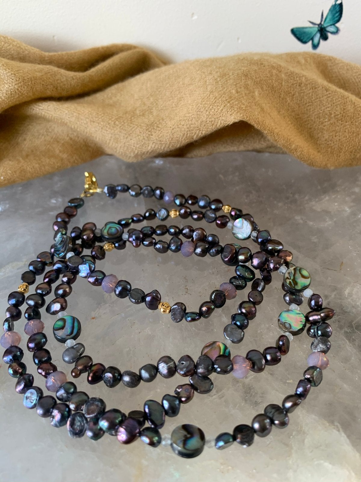 Parel zoetwater abalone geluk balans harmonie intuïtie SALE, Sieraden, Tassen en Uiterlijk, Kettingen, Paars, Nieuw, Verstelbaar