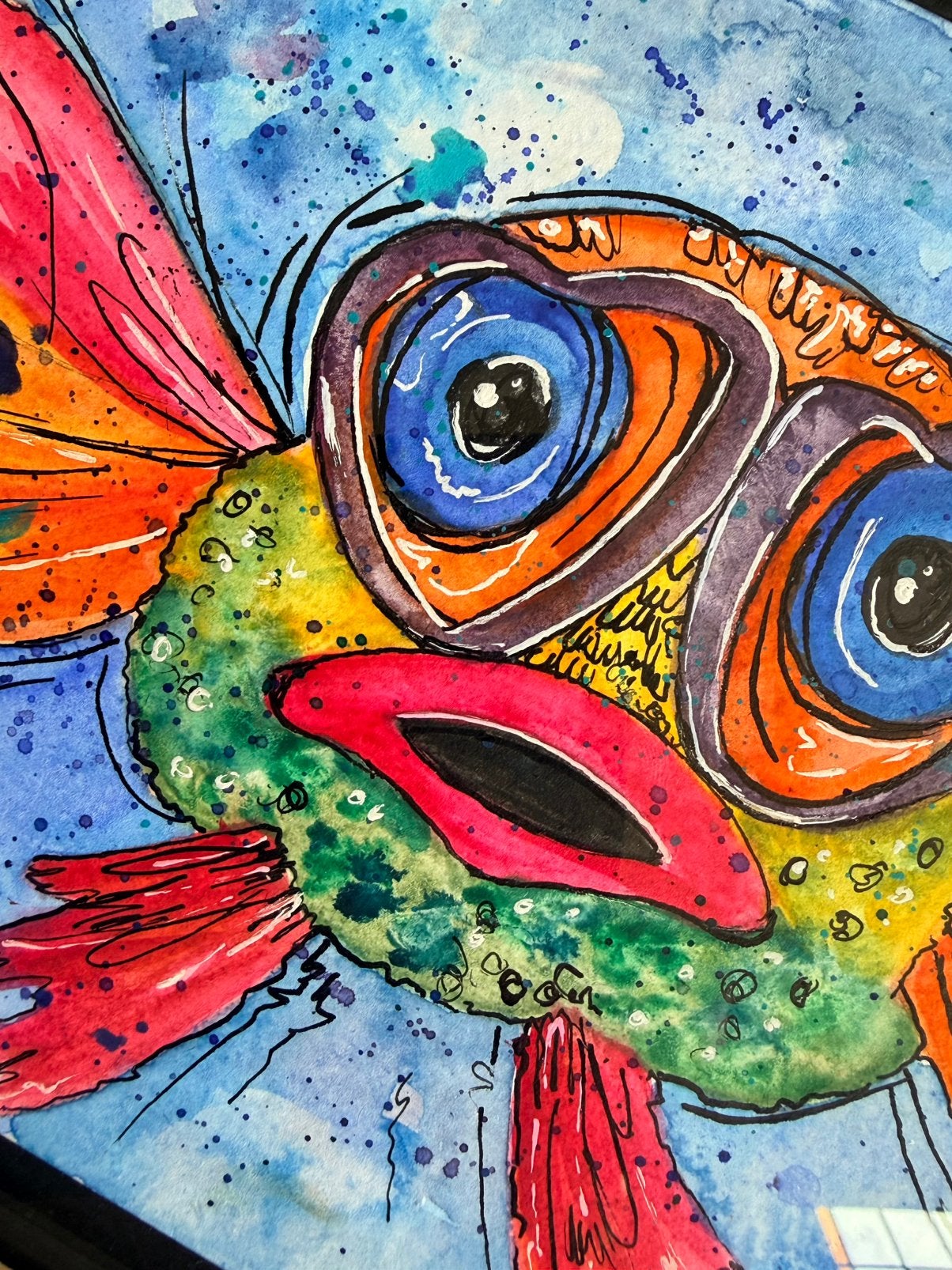 Vis Aquarel in lijst, Verzenden, Handgeschilderd, Aquarel, Figuren